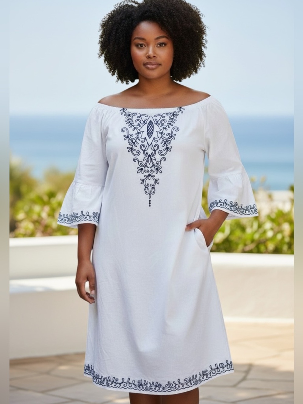 eShakti White Romantic Off-Shoulder Blue Embroidered Midi Dress XL 16
